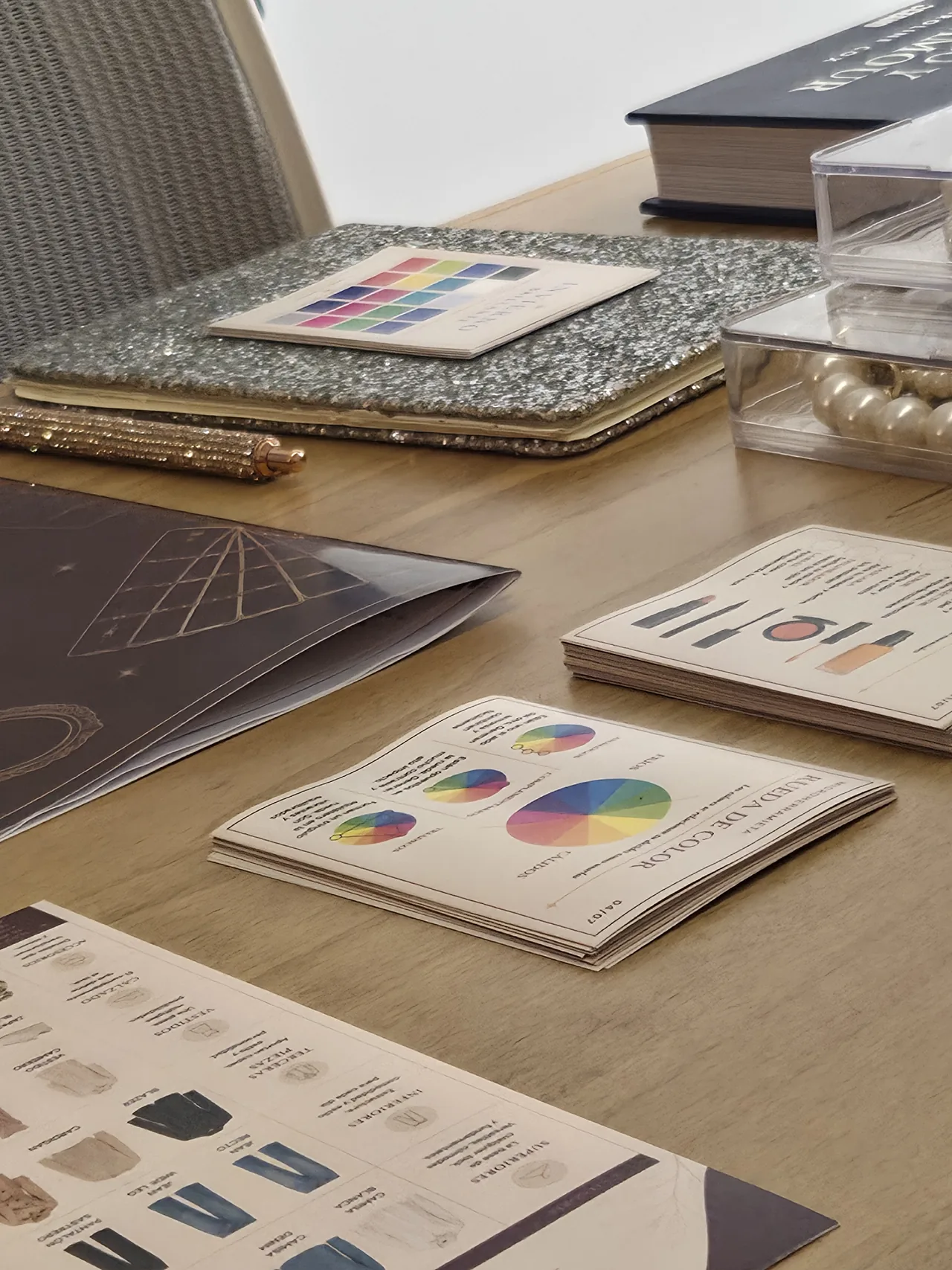 Carpetas, cartas de color y materiales de asesoría sobre el escritorio