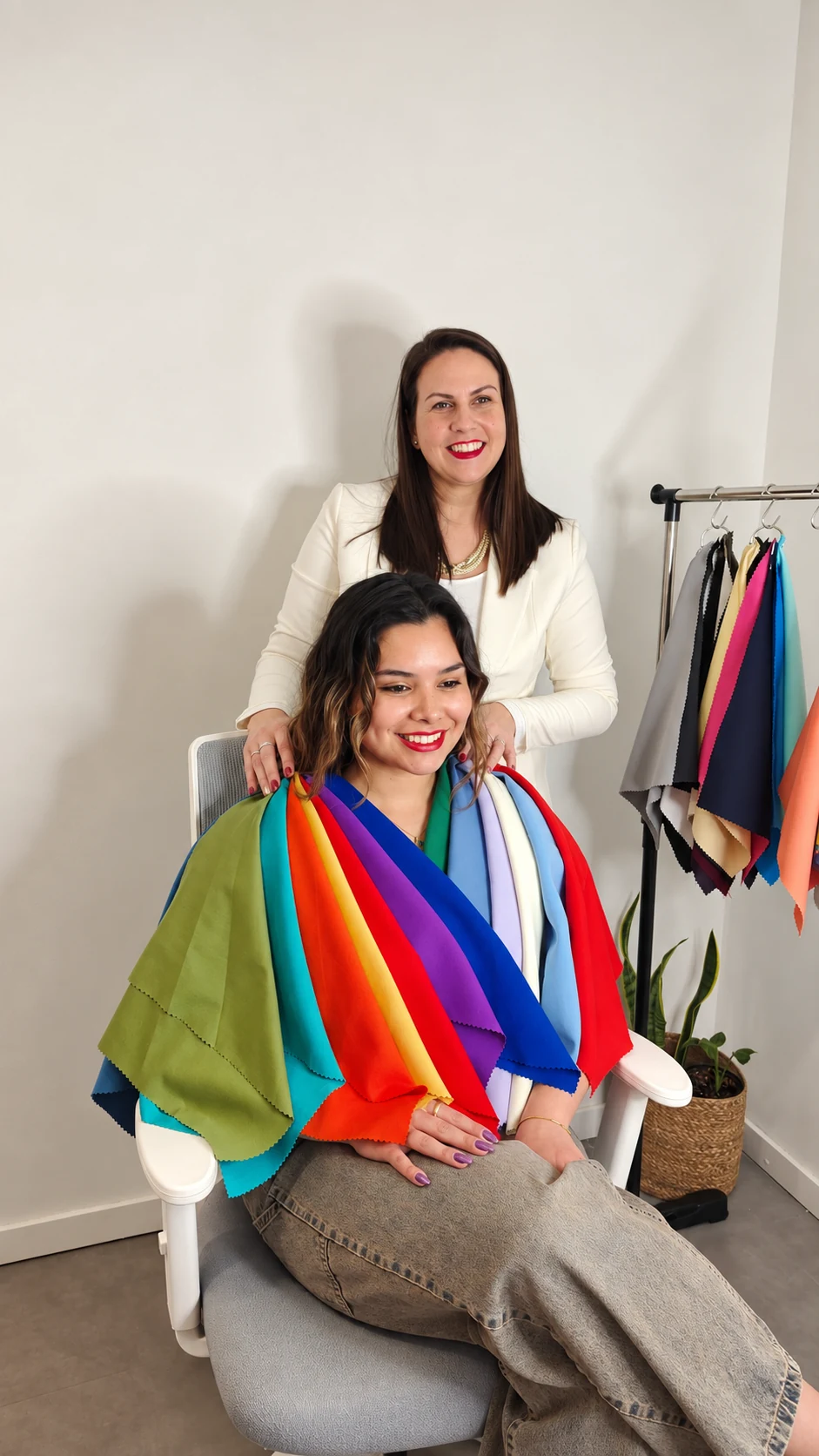 Gaby y una modelo muestran las telas de color durante una consulta de colorimetría personal