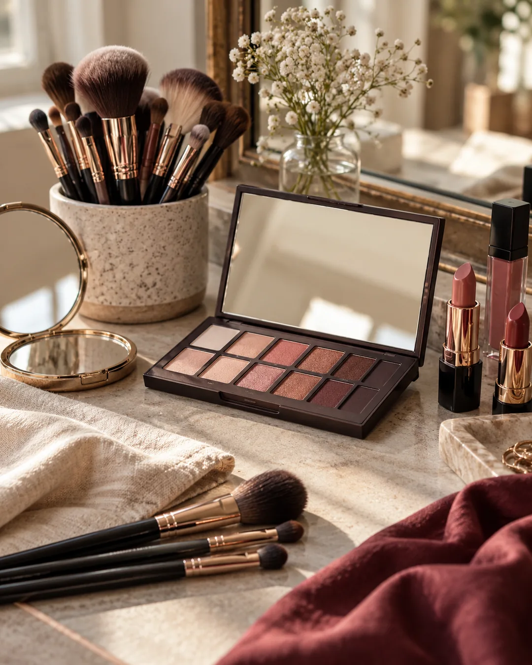Brochas, sombras y labiales dispuestos para diseñar un maquillaje